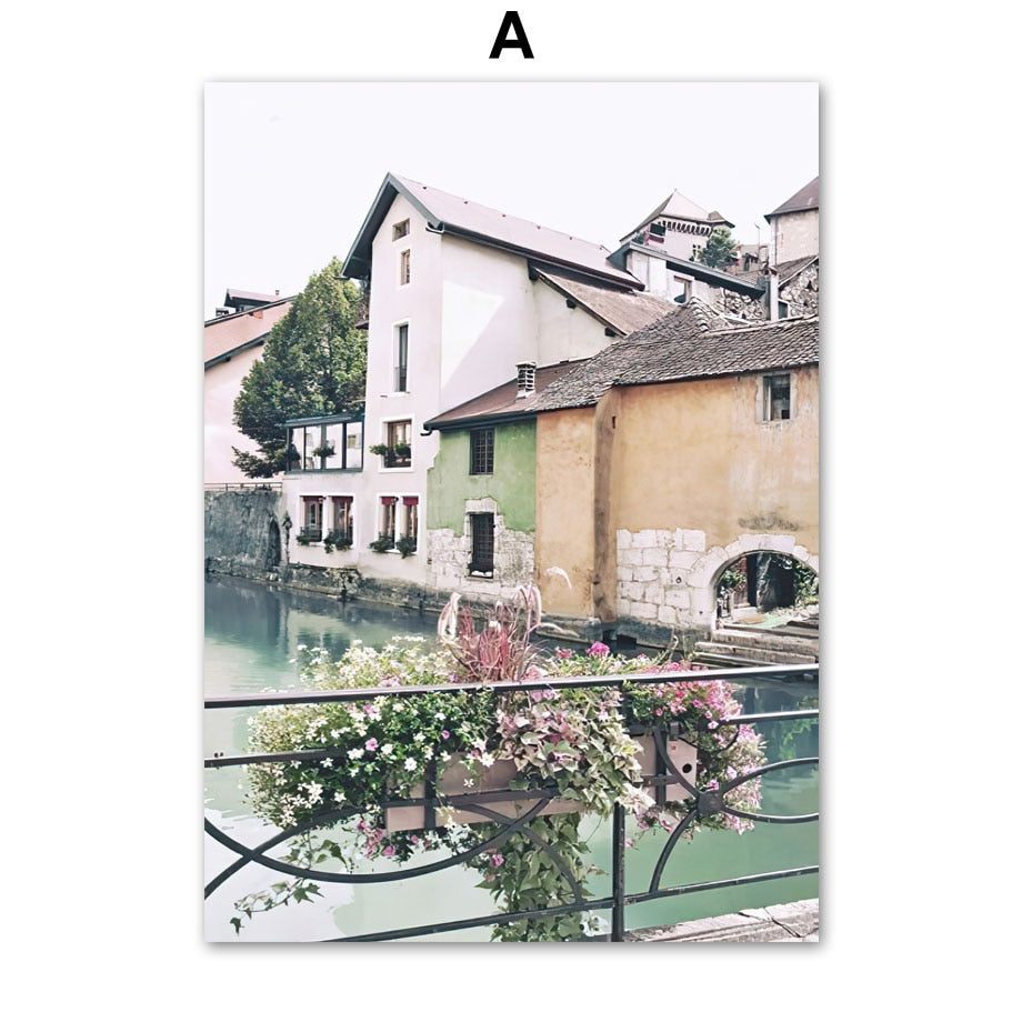 Old Town Street Small River Canvas Art