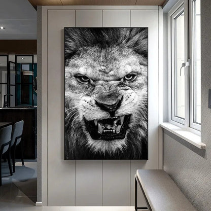 Black And White Ferocious Lion Wall Art Canvas