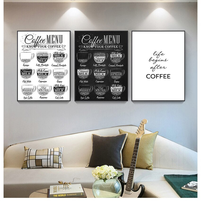 Black and White Coffee Shop Menu Wall Art Kitchen Canvas