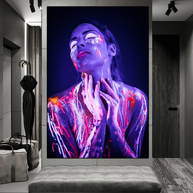 Woman Colorful Fluorescent Painted Body Canvas Art