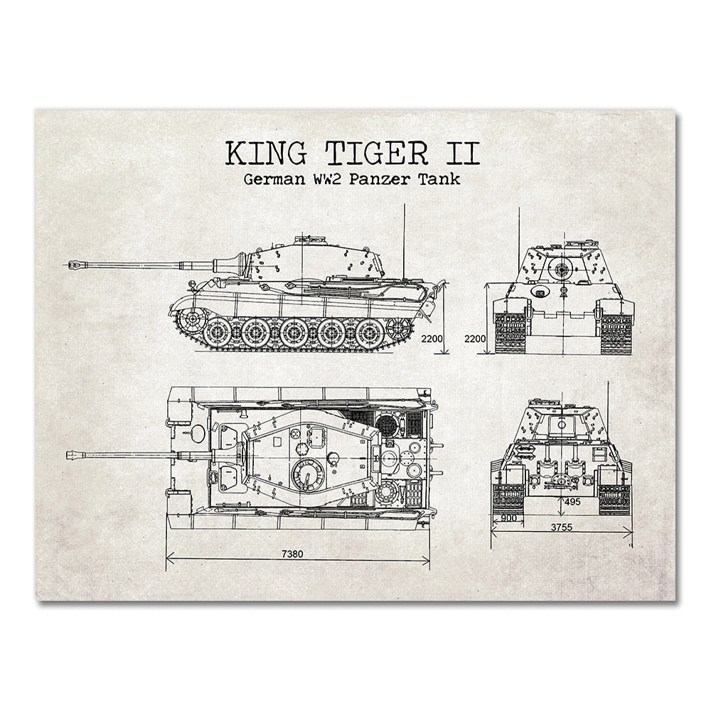 German King Tiger 2 WW II Panzer Tank Blueprint Canvas Art