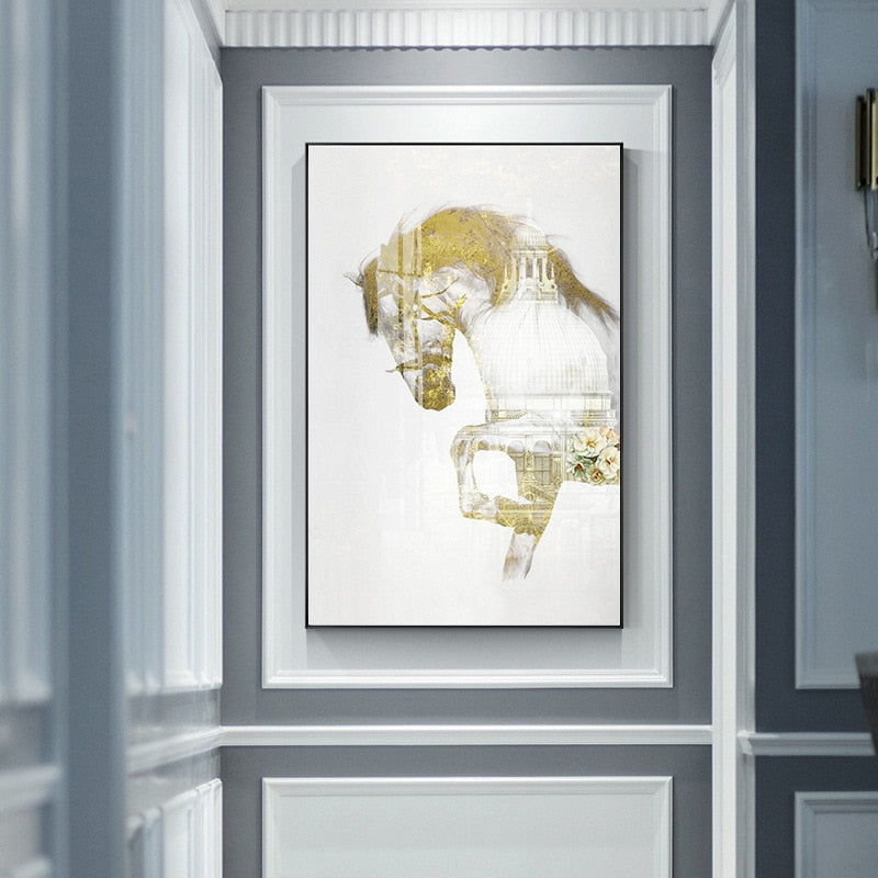 White and Gold Horse Canvas Art