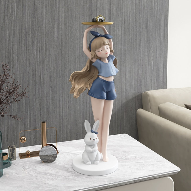 Girl with Long Hair Bunny Tray Small Statue