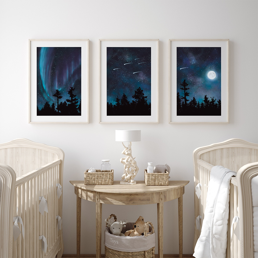 Aurora Borealis Shooting Stars Sky Moon Canvas Art