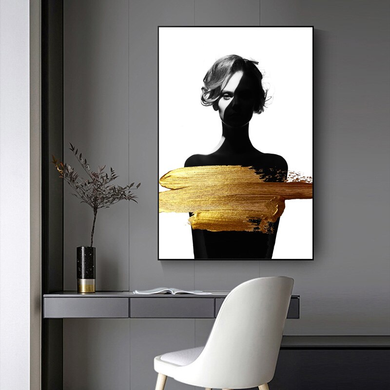 Black and White Woman Gold Paint Canvas Art