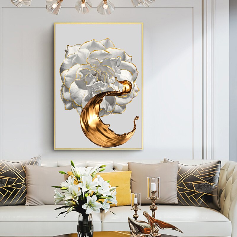 White Flower Painting Gold Foil Canvas Art