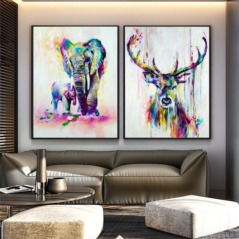 Watercolor Deer and Elephant Canvas Art