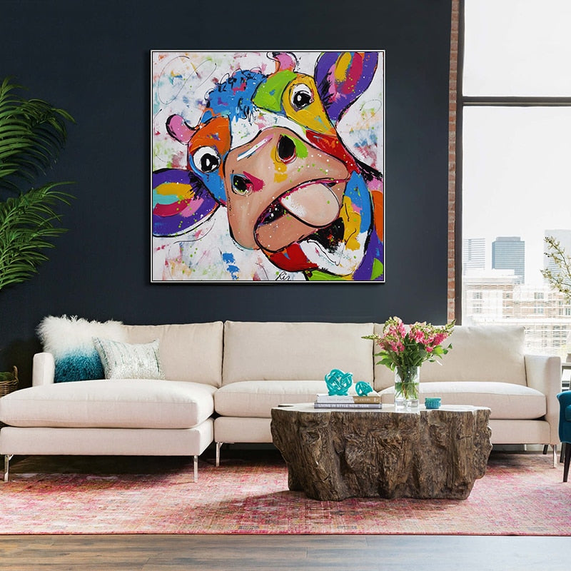 Colorful Cow Head Canvas Art