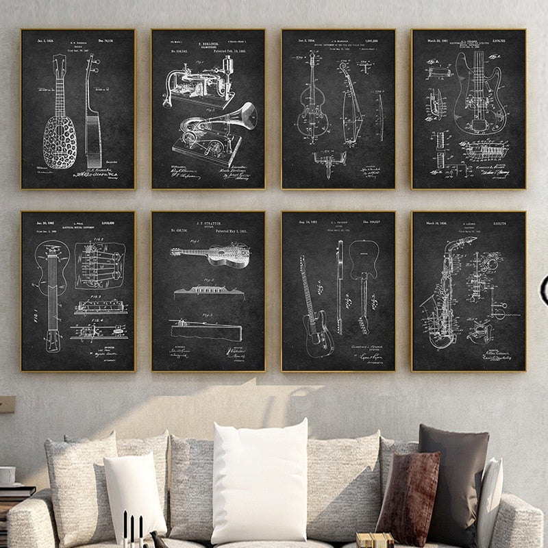 Music Instrument Blueprint Canvas Art