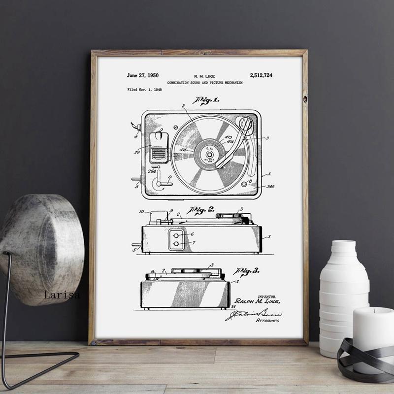 Retro Record Player Patent Blueprint Canvas Art