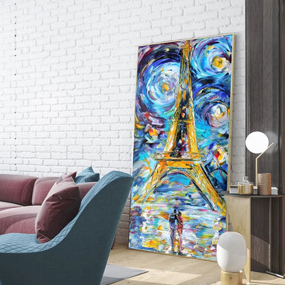 Couple Eiffel Tower Van Gogh Starry Night Style Oil Painting Wall Art Canvas