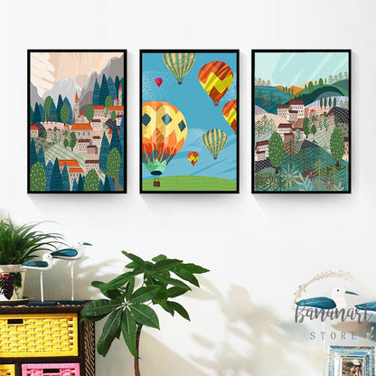 Hot Air Balloon Town Mountain Canvas Art