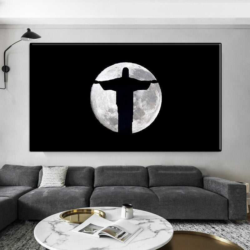 Jesus Christ Silhouette Over Full Moon Canvas Art