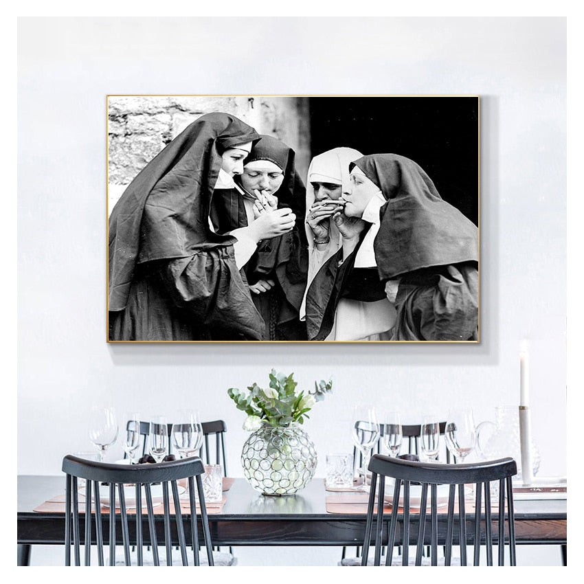 Black and White Poster Smoking Nuns Canvas Art