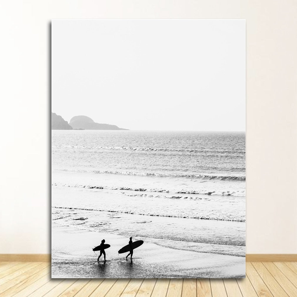 Black and White Beach Palm Surf Canvas Art