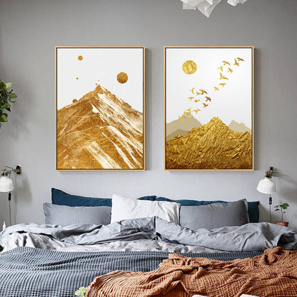 Gold Blue Geometric Sun Bird Mountain Canvas Art