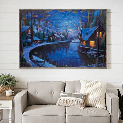 Lake Boat Night Winter Landscape Painting Canvas Art