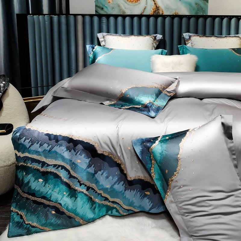 Hermatite Marble Embroidery Duvet Cover Bedding Set