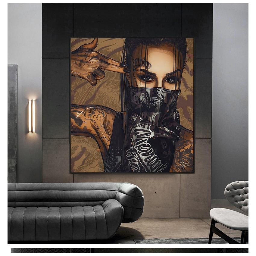 Mask Tattoo Girl Portrait Canvas Art