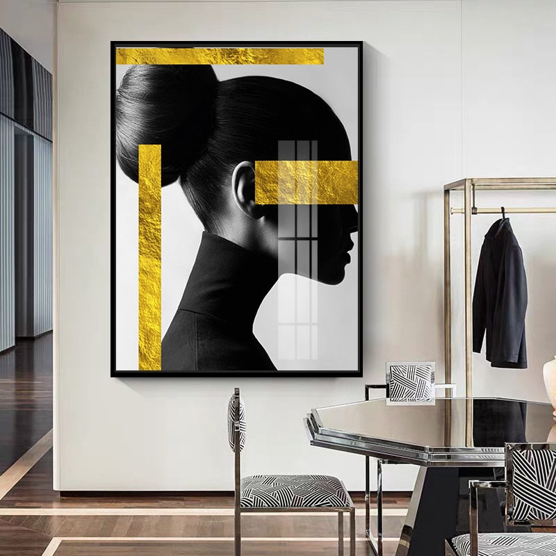 Beauty Woman Black and White Lemon Yellow Gold Foil Canvas Art