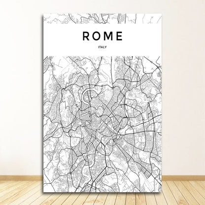 Black and White World City Map Wall Art Canvas