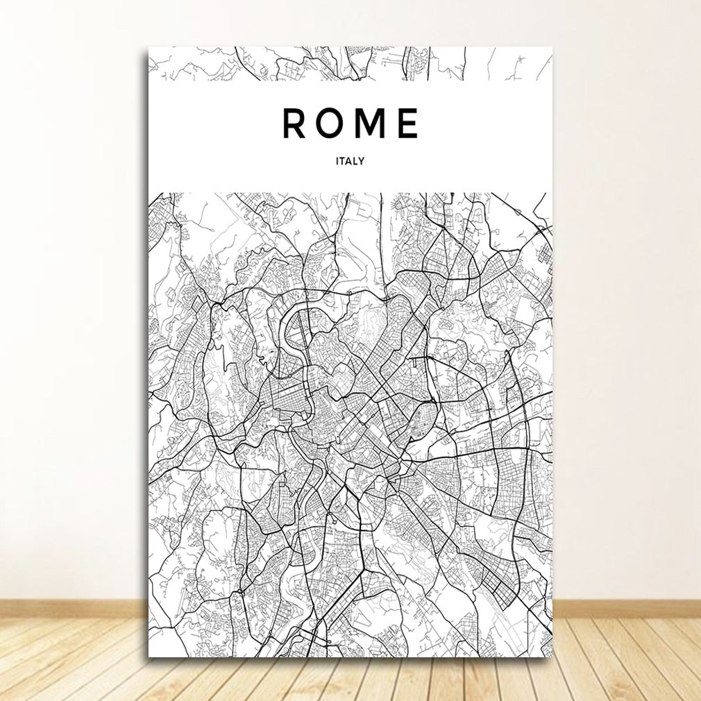 Black and White World City Map Wall Art Canvas