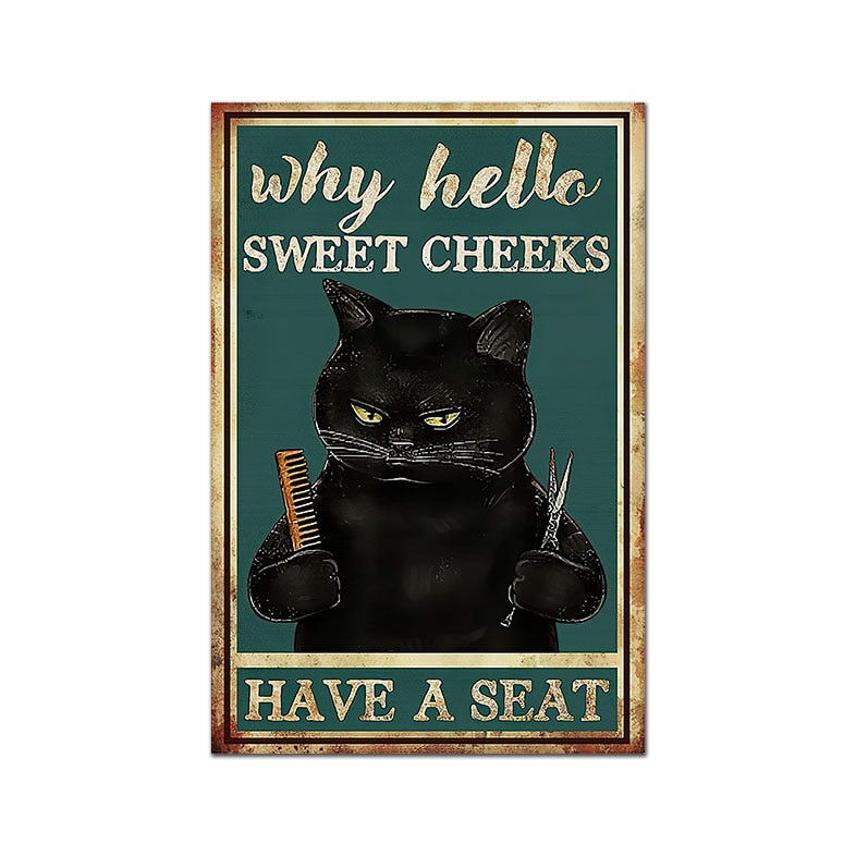 Black Cat Bathroom Funny Canvas Art