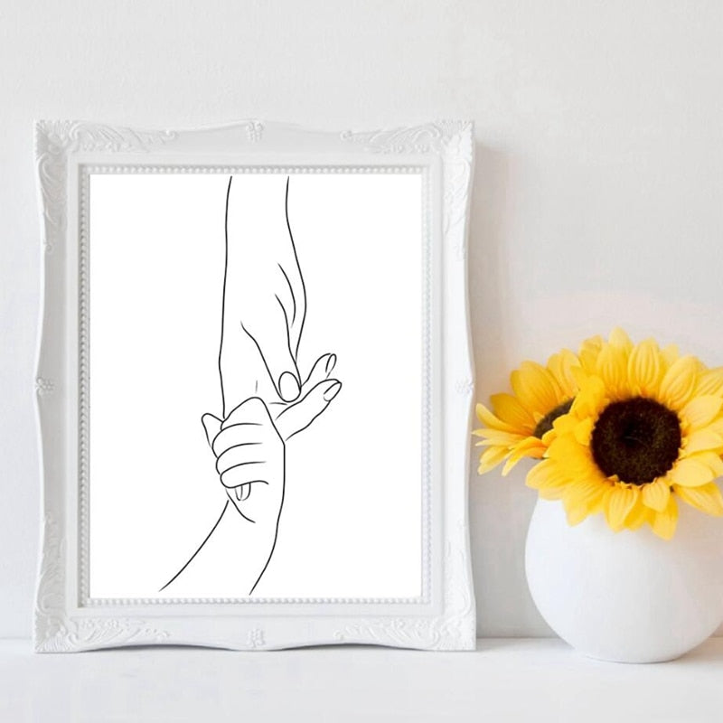 Mom and Child Holding Hands Line Canvas Art