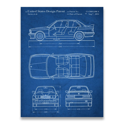 BMW E30 M3 Car Blueprint Canvas Art