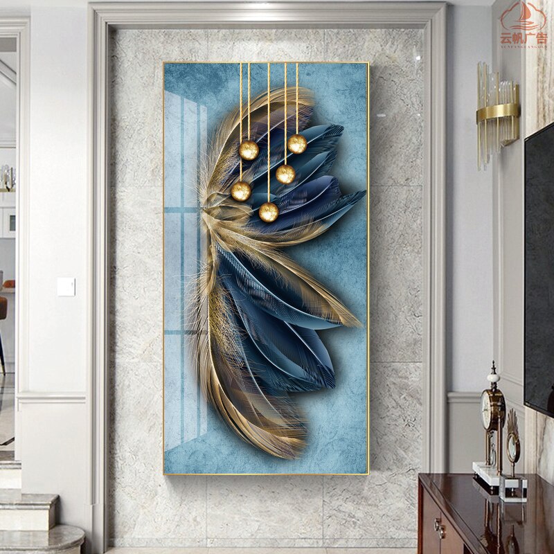 Blue and Gold Feather Deer Canvas Art