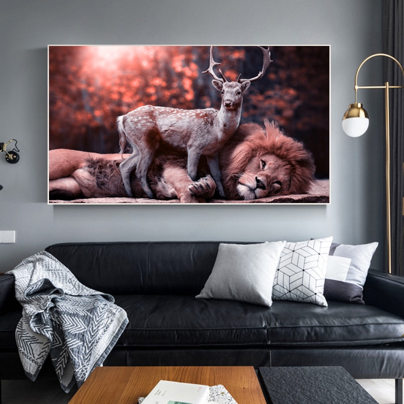 Lion and Sika Deer Canvas Art