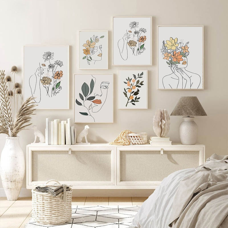 Nordic Simple Line Drawing Woman Flower Canvas Art