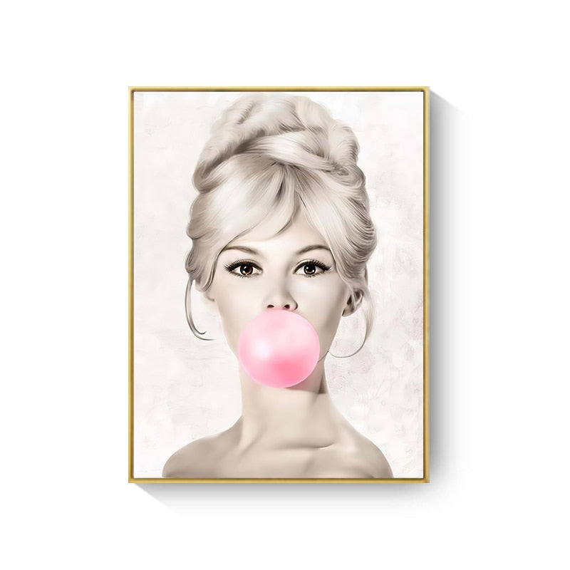 Audrey Hepburn Girl Pink Bubble Gum Stars Canvas Art