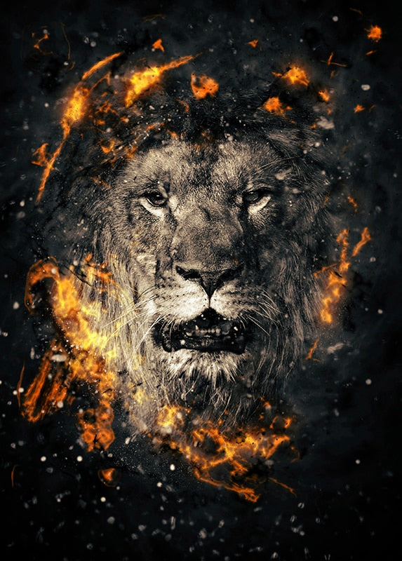 Lion Head with Fire Canvas Art