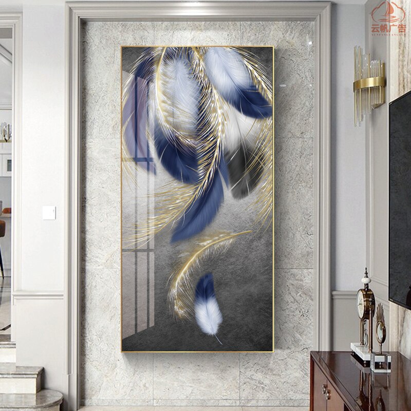 Blue and Gold Feather Deer Canvas Art