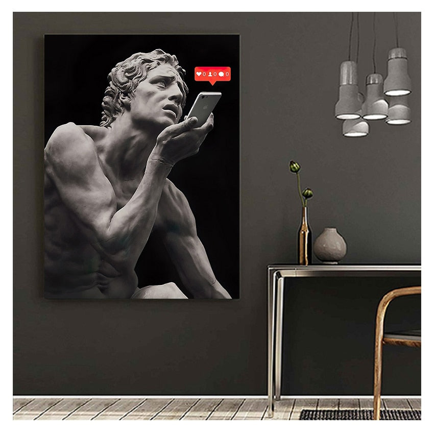 Greek Sculpture with Phone Canvas Art