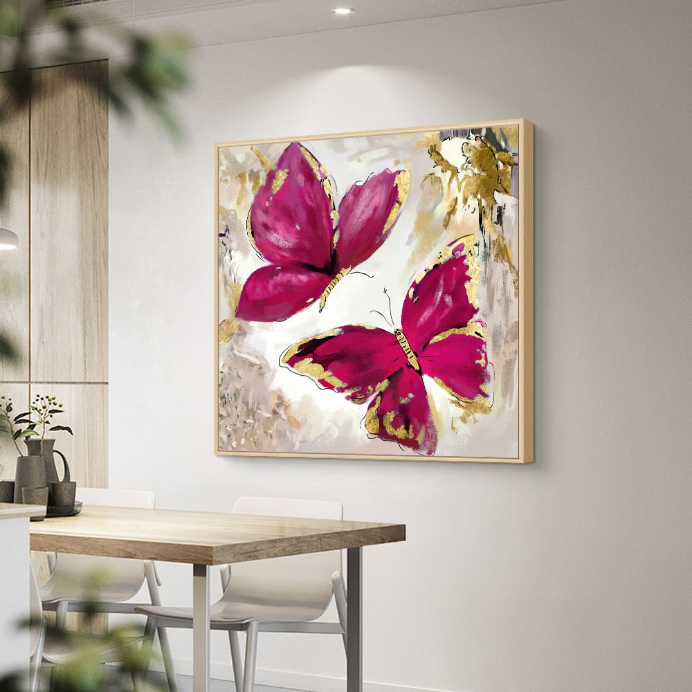 Red Gold Butterflies Painting Canvas Art