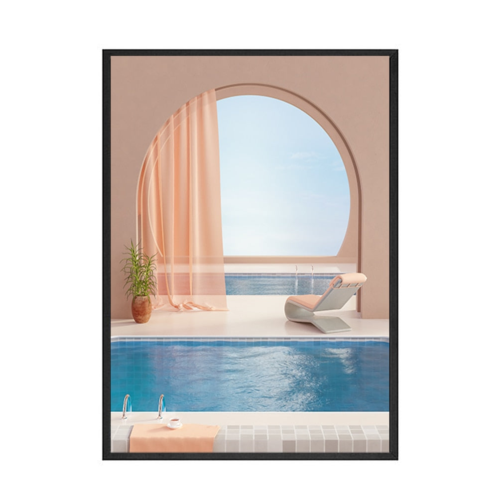 Pink House Swimming Pool Canvas Art