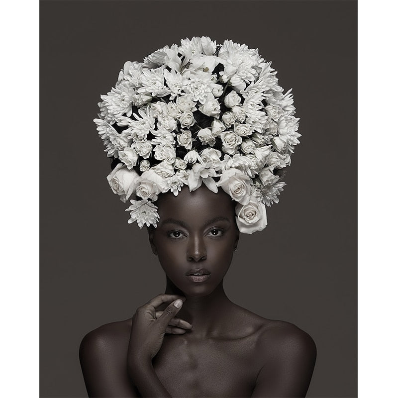 Black & White African Woman with Flowers Canvas Art