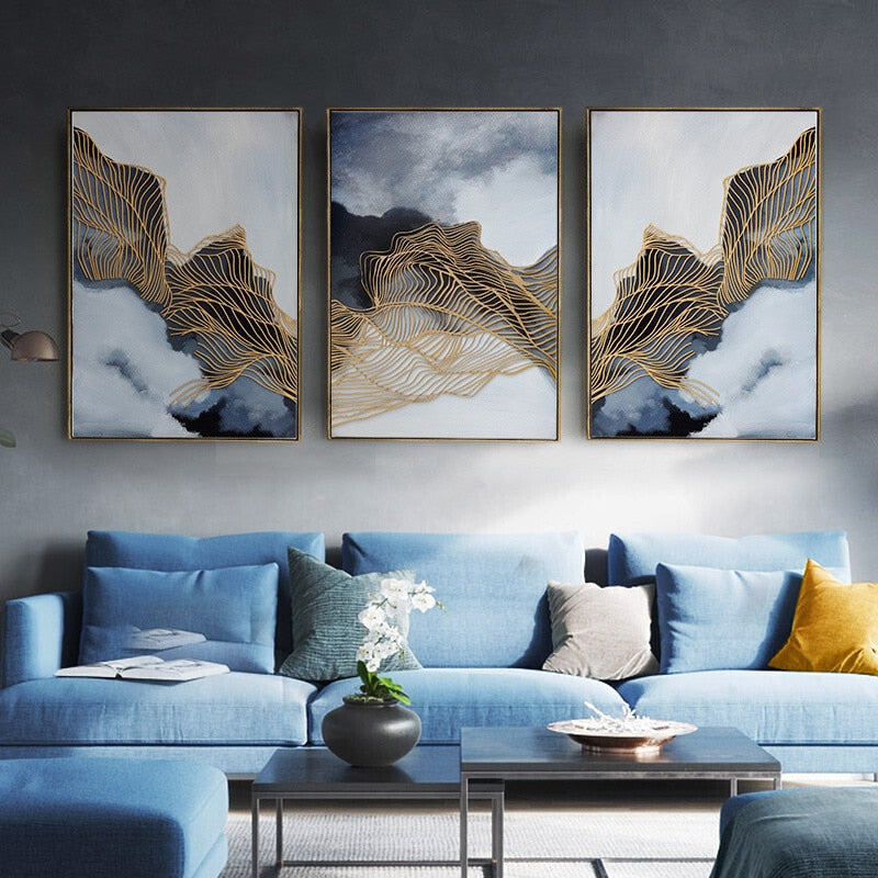 Blue Smoke Abstract Gold Line Canvas Art