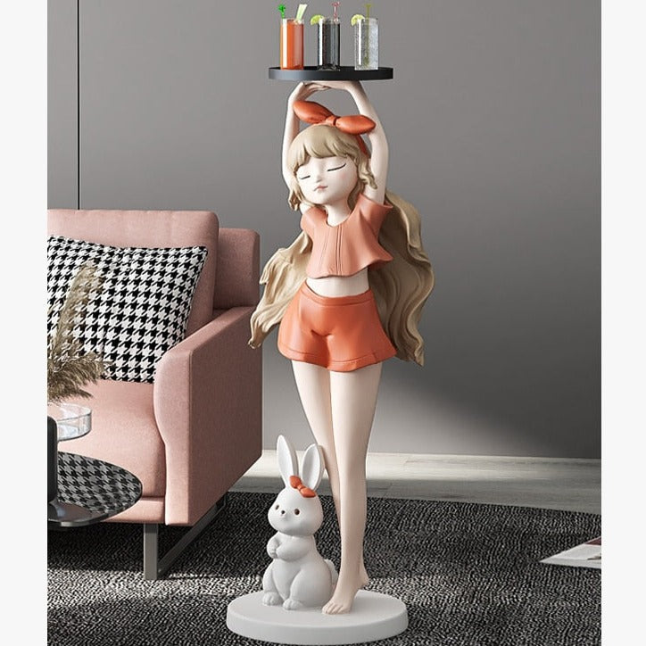 Girl with Long Hair Bunny Tray Big Statue