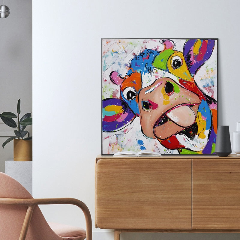 Colorful Cow Head Canvas Art