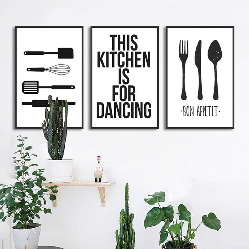 Black and White Kitchen Utensils Canvas Art