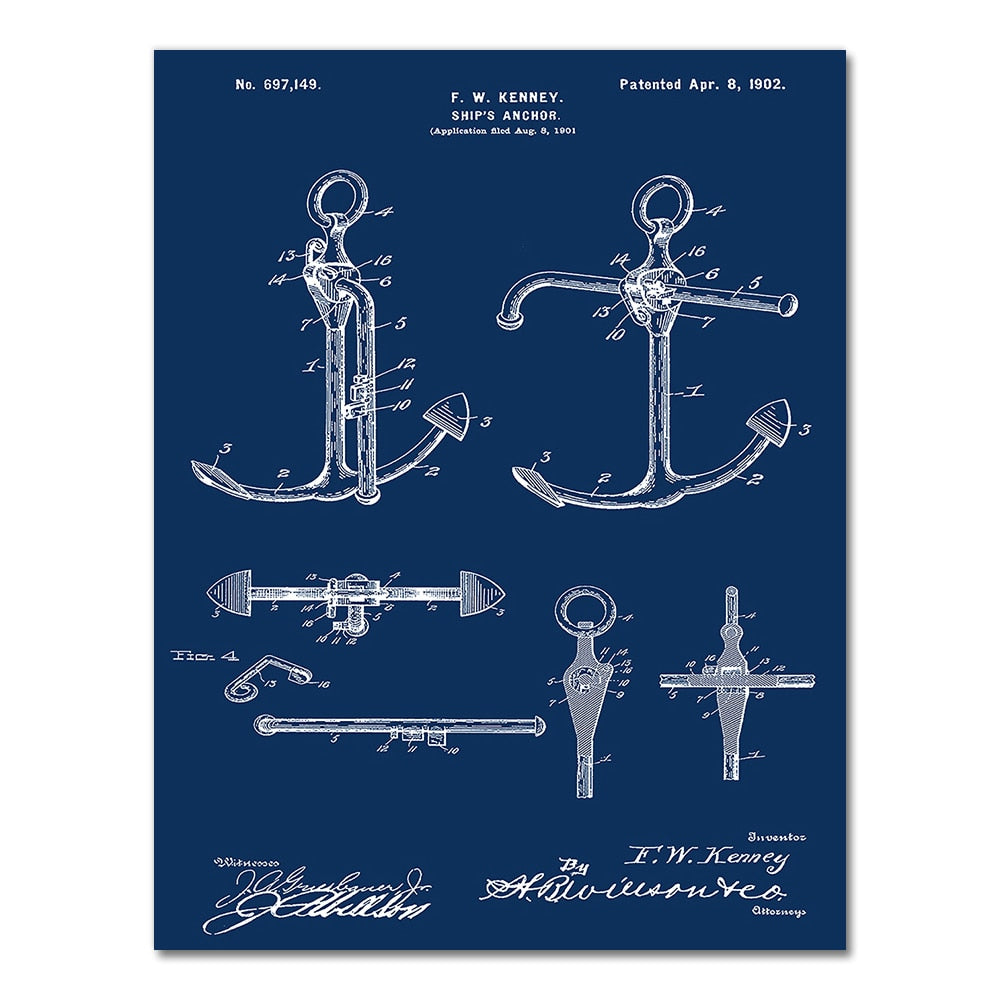 Sailboat Anchor Patent Blueprint Canvas Art