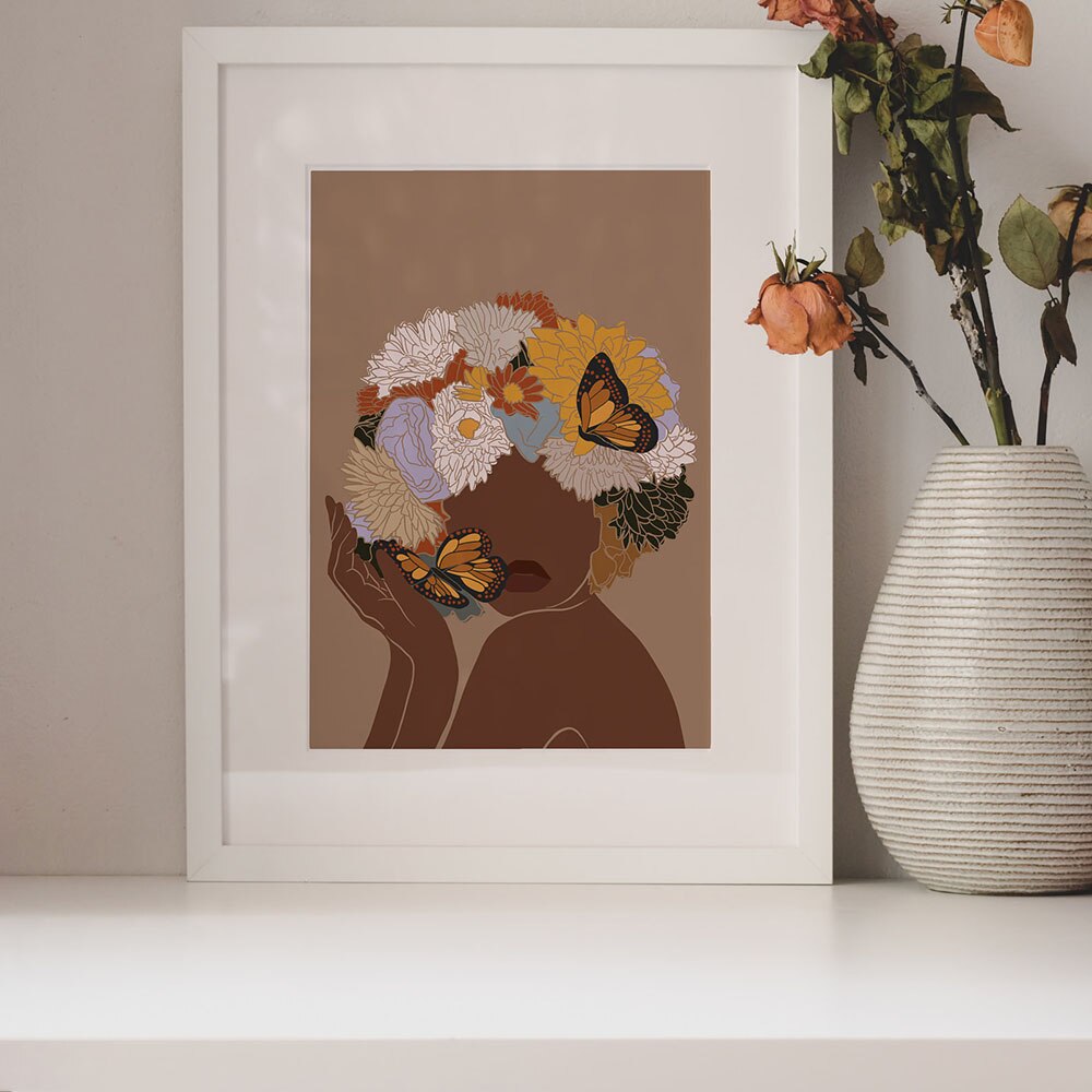 Flowers Butterfly African Woman Canvas Art