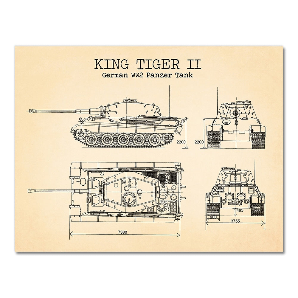 German King Tiger 2 WW II Panzer Tank Blueprint Canvas Art