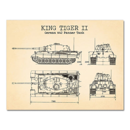 German King Tiger 2 WW II Panzer Tank Blueprint Canvas Art