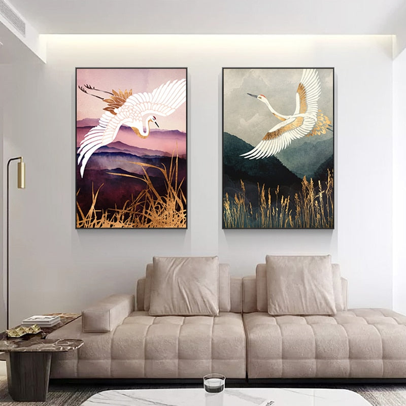 Flying Golden Crane Mountain Canvas Art