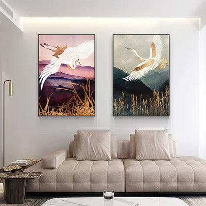 Flying Golden Crane Mountain Canvas Art