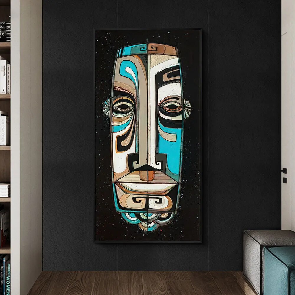 Abstract Black Blue Tiki Mask Wall Art Canvas